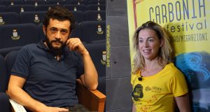 Vinicio Marchioni e Milena Mancini durante le interviste presso il Cine-Teatro di Piazza Roma.